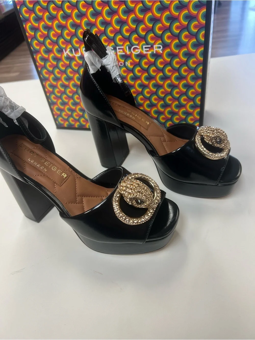 Kurt Geiger Black Patent Platform Sandals with Gold Crystal Medallion
